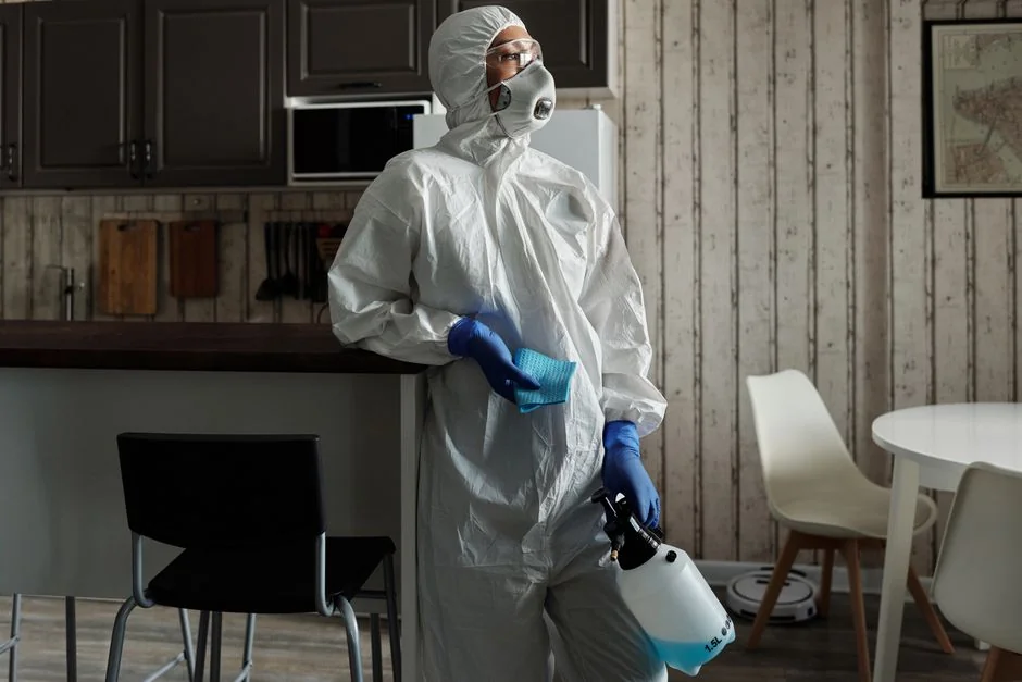 Close-up view of someone cleaning a remote control while wearing protective gloves, helping keep it sanitary.